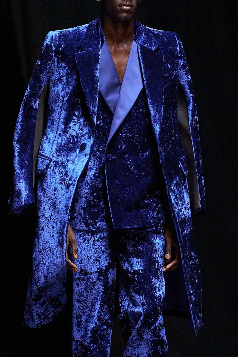 Velvet 3 Pieces Men Suits Set Royal Blue Wedding Formal Long Overcoat+Blazer+Pants Custom Made Prom Dress Groom Tuxedo