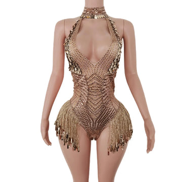 Nightclub Outfit Sexy Deep V Neck Sequins Bodysuit for Women Sparkly Rhinestones Leotard Dance Costume Stage Wear Performance