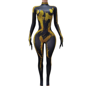 Glamorous Gold Rhinestone Cat Suit for Women Stunning Stage Performance Outfit Dance Party Bodysuit