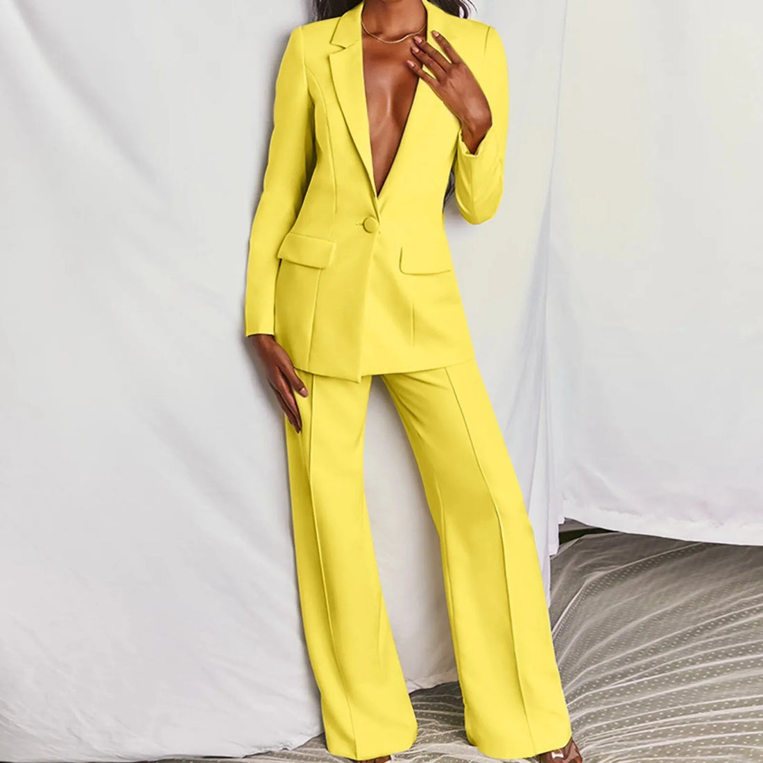 Conjunto de 2 piezas de blazer sencillo de oficina para mujer, color liso, cuello en V, manga larga y pantalón, solapas holgadas informales.