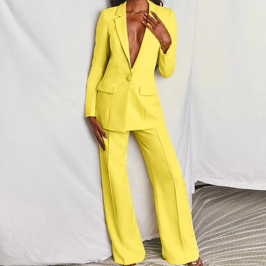 Office Ladies Simple Blazer Solid Color Women's Suit V-Collar Long Sleeve + Trousers 2 Piece Set of Loose Leisure Lapels