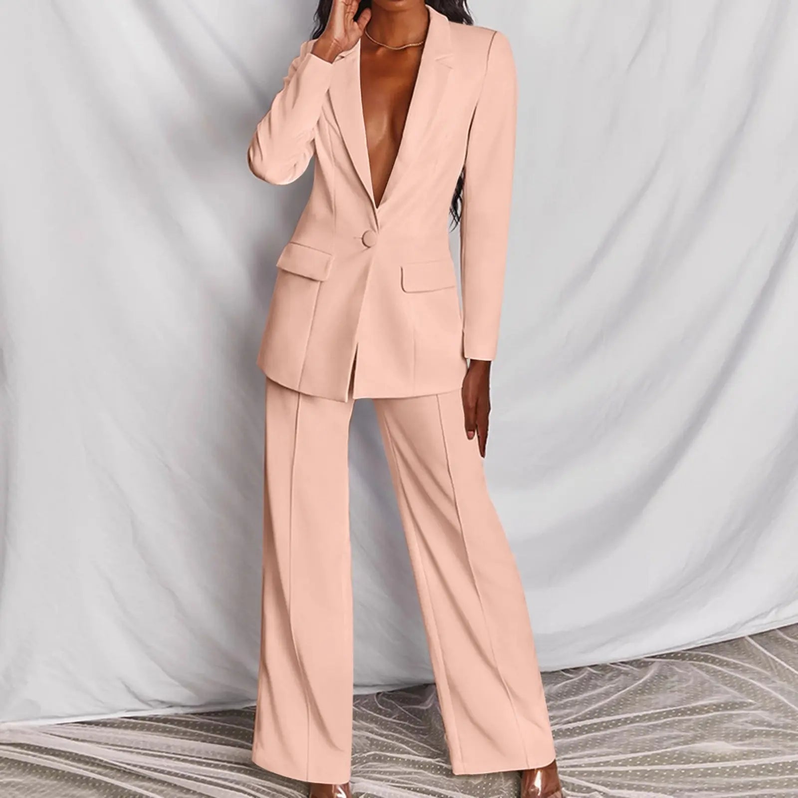 Conjunto de 2 piezas de blazer sencillo de oficina para mujer, color liso, cuello en V, manga larga y pantalón, solapas holgadas informales.
