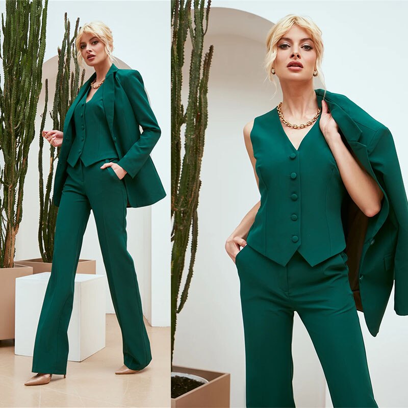 Costume blazer vert foncé pour femme de bureau, tenue de travail formelle pour femme, tenue de soirée, de bal, d'affaires, veste, gilet, pantalon 