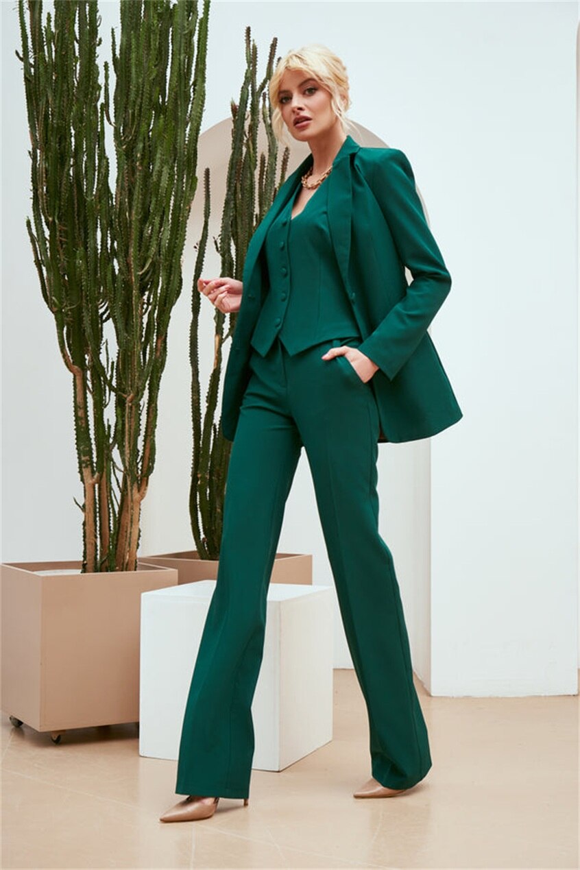 Costume blazer vert foncé pour femme de bureau, tenue de travail formelle pour femme, tenue de soirée, de bal, d'affaires, veste, gilet, pantalon 