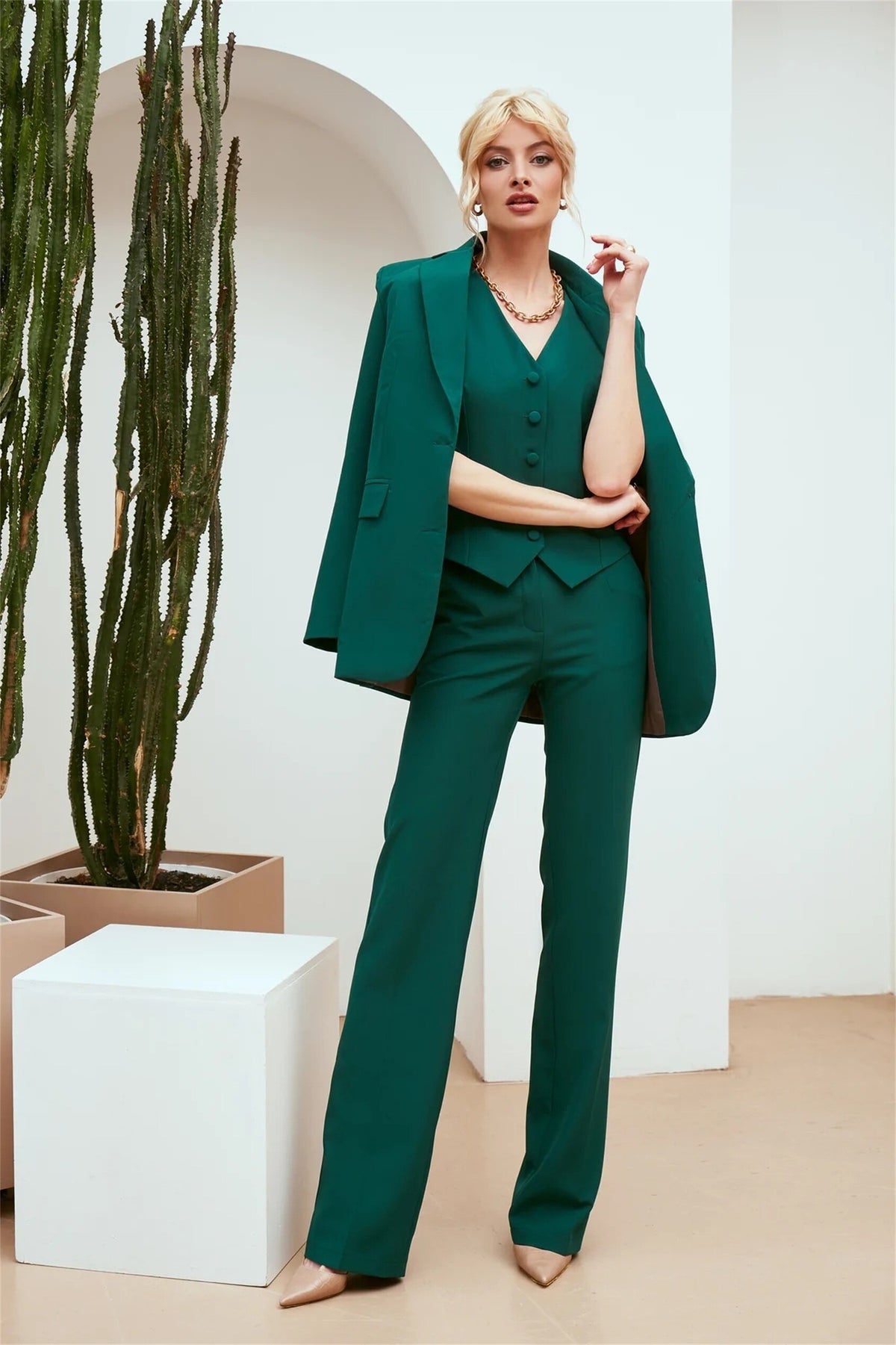 Costume blazer vert foncé pour femme de bureau, tenue de travail formelle pour femme, tenue de soirée, de bal, d'affaires, veste, gilet, pantalon 