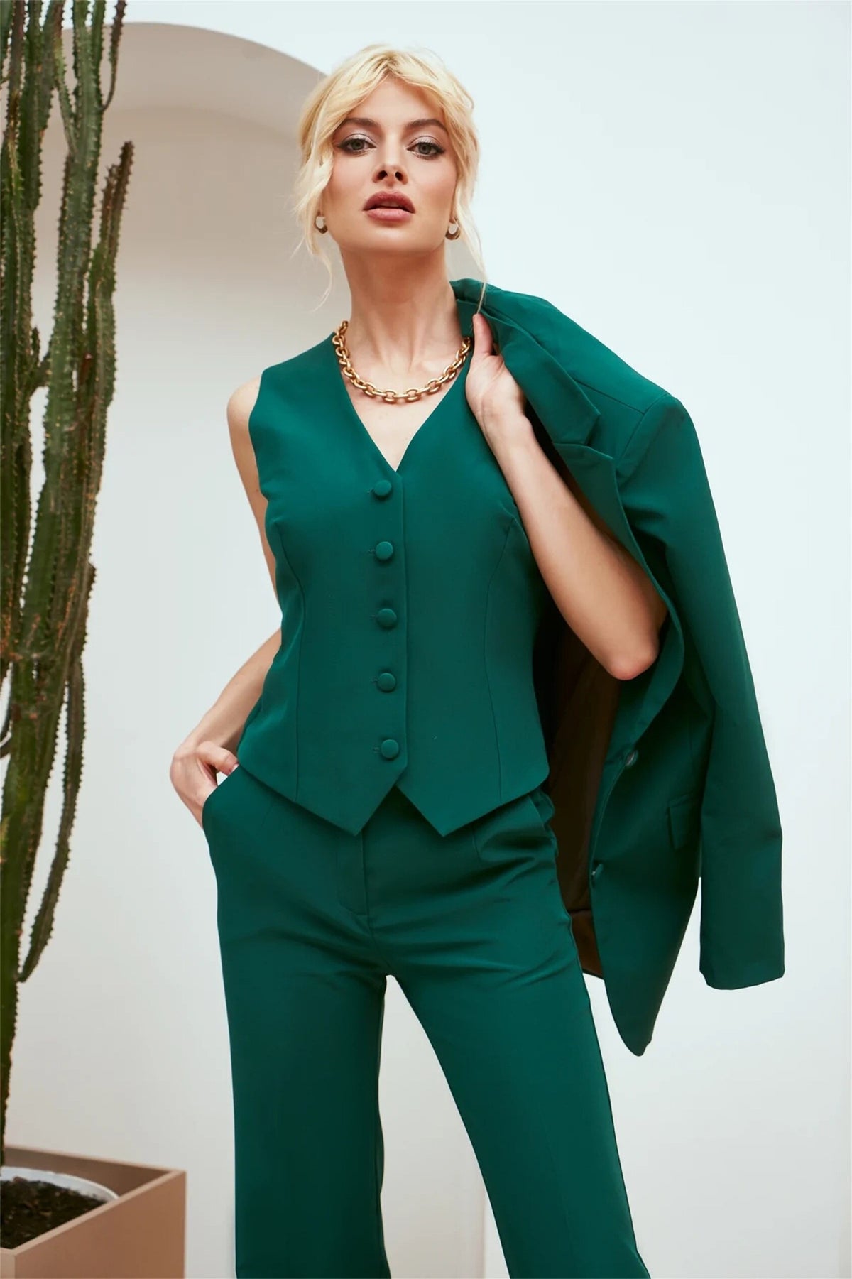 Costume blazer vert foncé pour femme de bureau, tenue de travail formelle pour femme, tenue de soirée, de bal, d'affaires, veste, gilet, pantalon 