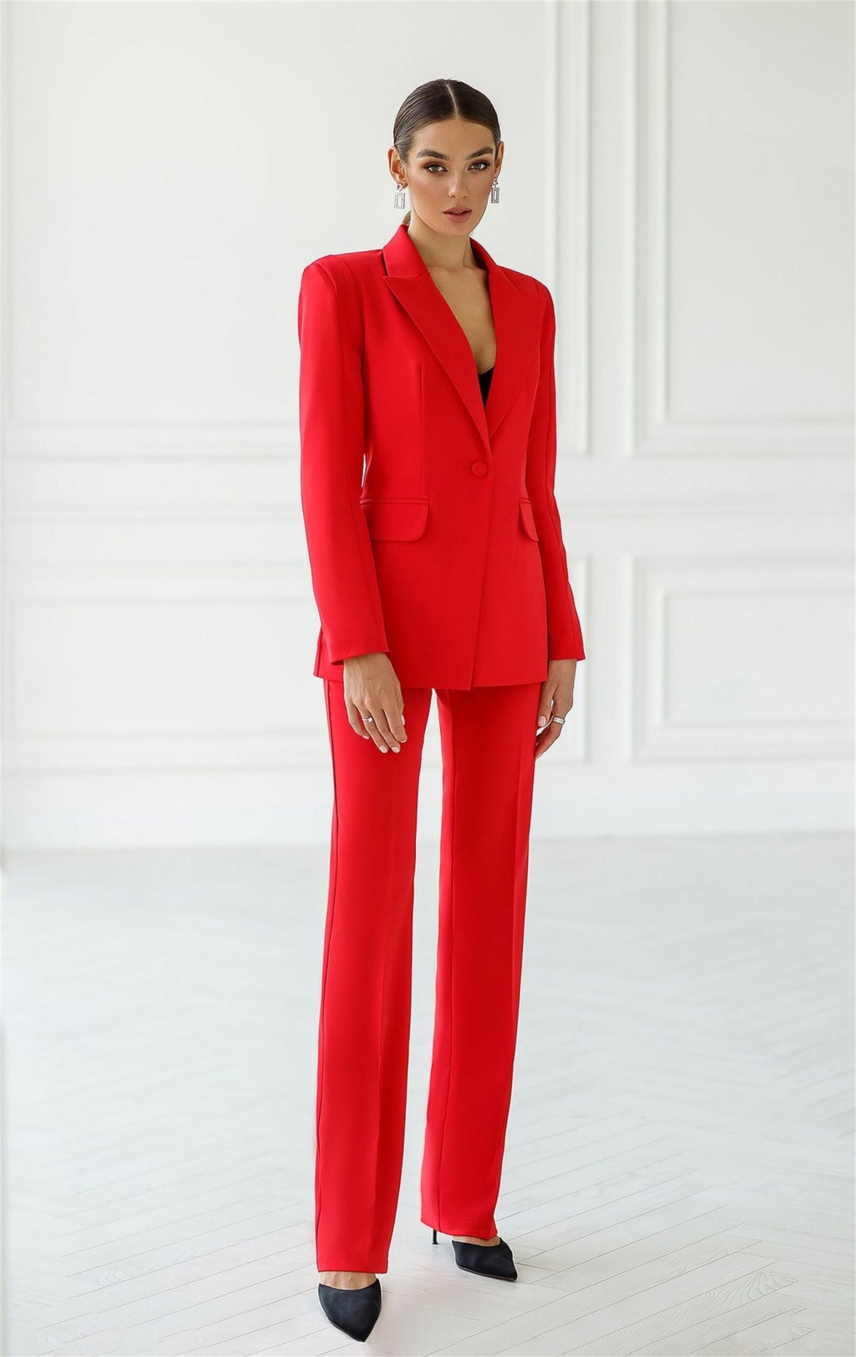 Trajes formales de oficina para mujer, con chaqueta y pantalón, blazer rojo, para fiesta de graduación y negocios. 