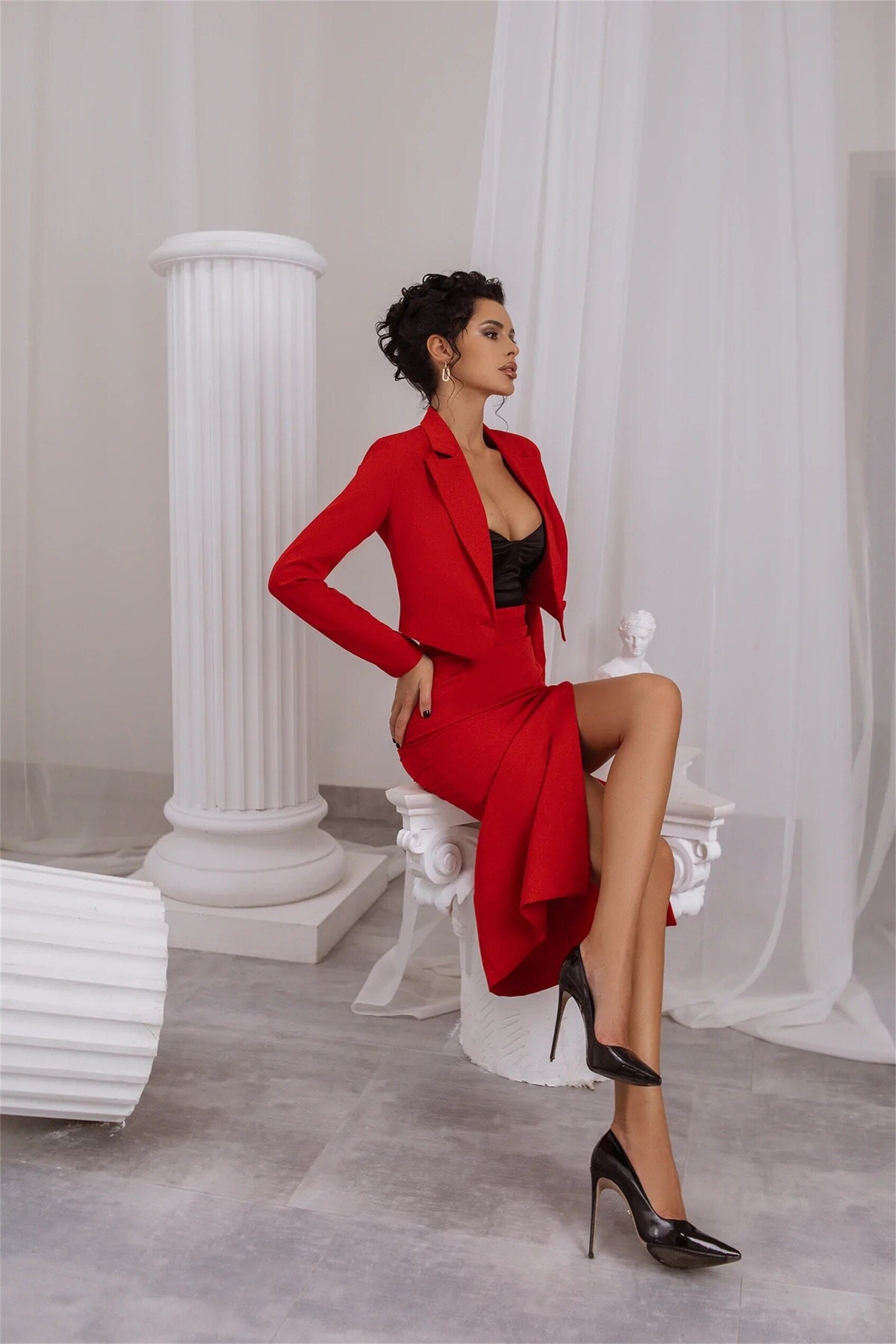 Trajes formales de oficina para mujer, con falda y blazer rojo, para fiesta de graduación, trajes de negocios, chaqueta y vestido largo. 