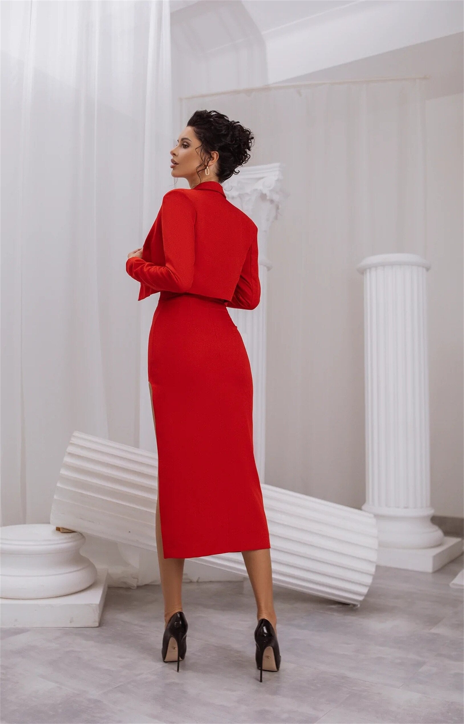 Trajes formales de oficina para mujer, con falda y blazer rojo, para fiesta de graduación, trajes de negocios, chaqueta y vestido largo. 