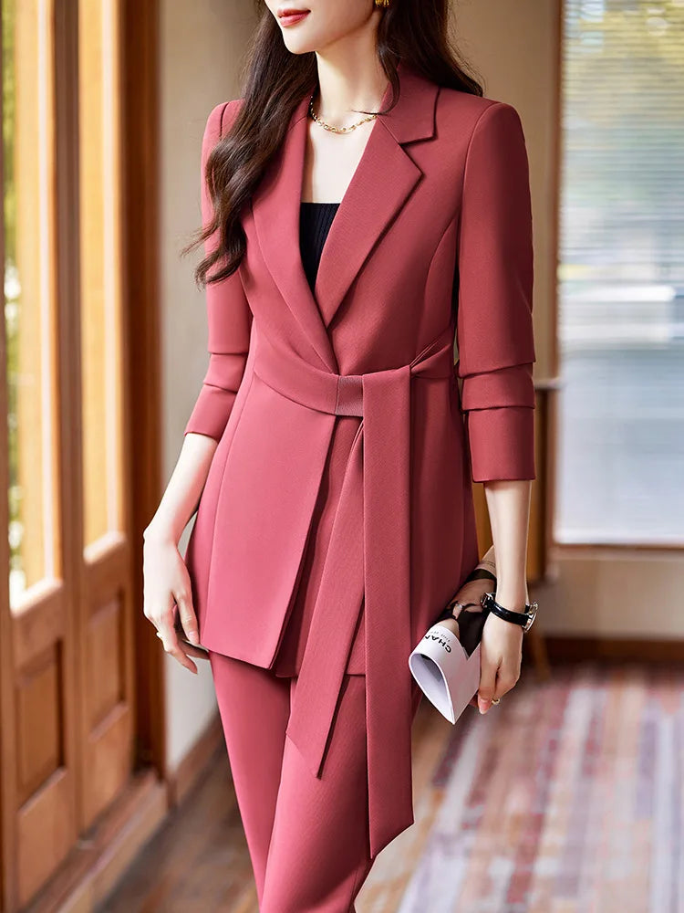 Traje de oficina para mujer, conjunto de blazer y pantalón, chaqueta con cinturón, para fiesta 