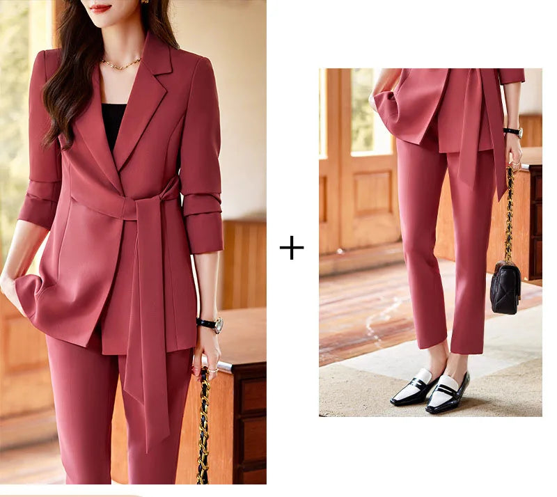 Traje de oficina para mujer, conjunto de blazer y pantalón, chaqueta con cinturón, para fiesta 