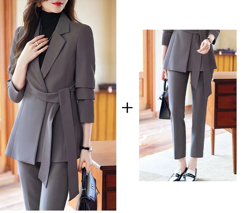 Traje de oficina para mujer, conjunto de blazer y pantalón, chaqueta con cinturón, para fiesta 