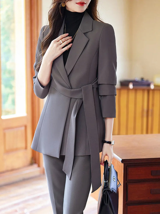 Office Lady Suit Women's Senior Blazer+Pants Sets Jacket with Belt Outfits for Party