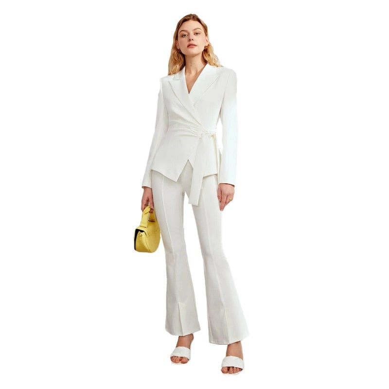 Costume de mère de la mariée blanc pour femme de bureau, ensemble 2 pièces sexy à jambes larges et pantalon avec ceinture, sur mesure 