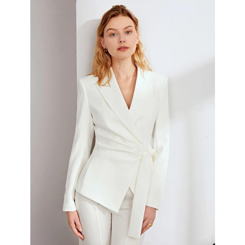Costume de mère de la mariée blanc pour femme de bureau, ensemble 2 pièces sexy à jambes larges et pantalon avec ceinture, sur mesure 