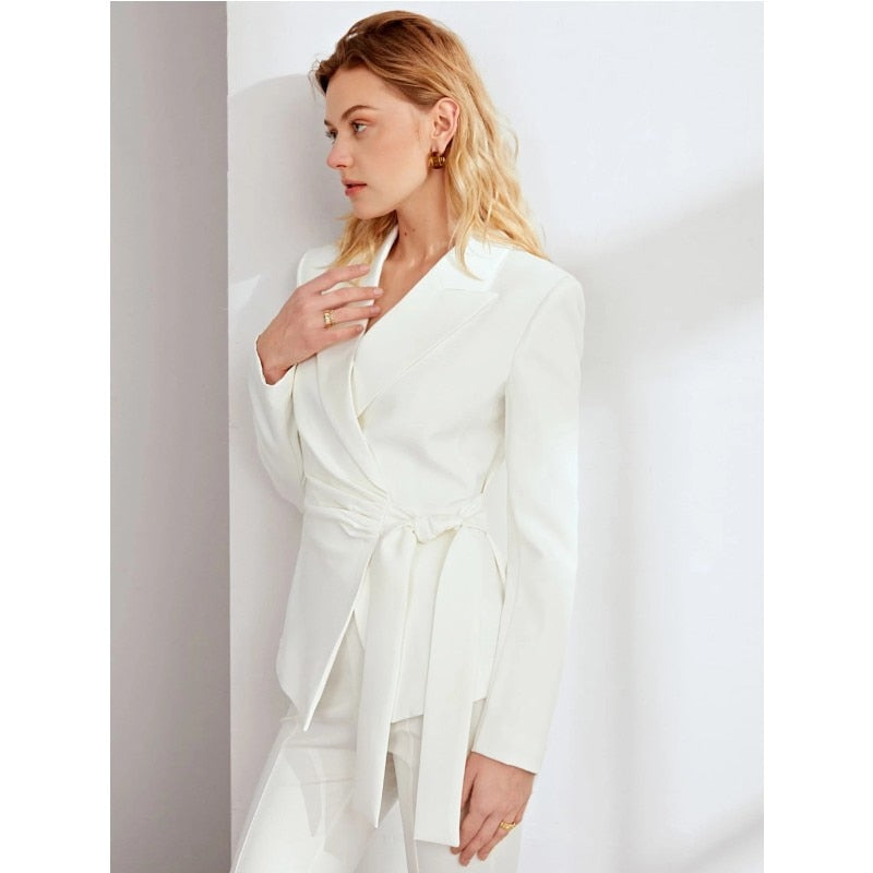 Costume de mère de la mariée blanc pour femme de bureau, ensemble 2 pièces sexy à jambes larges et pantalon avec ceinture, sur mesure 