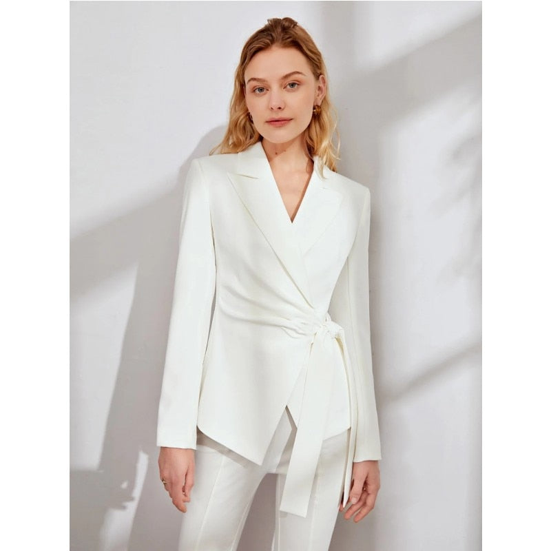 Trajes de oficina para madre de la novia, color blanco, para boda, sexy, con pierna ancha, pantalones, conjunto de 2 piezas con cinturón, hechos a medida 