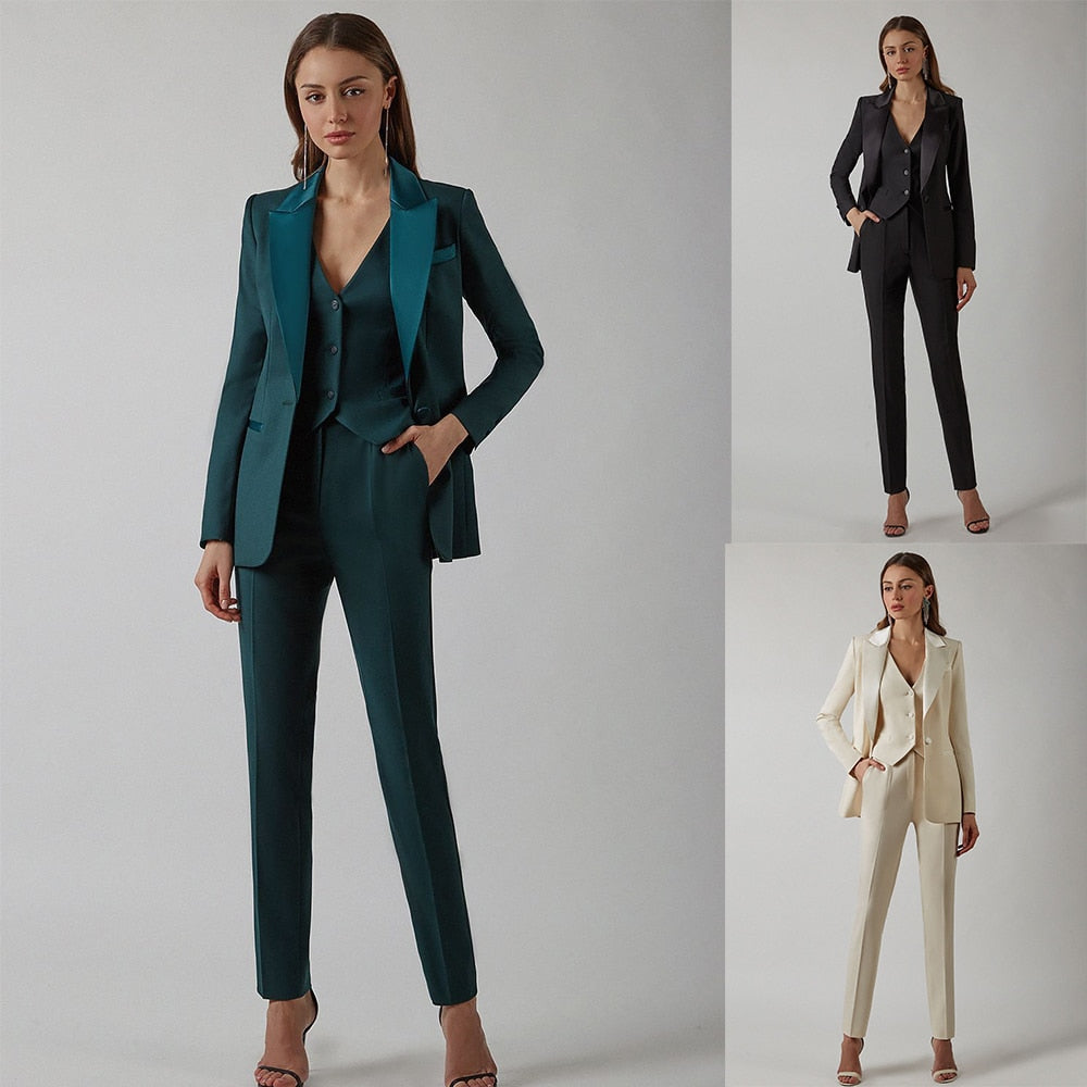 Office Suits Women 3 Pieces Pants Tuxedos Lady Blazer Sets Spring Cardigan Coat Casual Wear