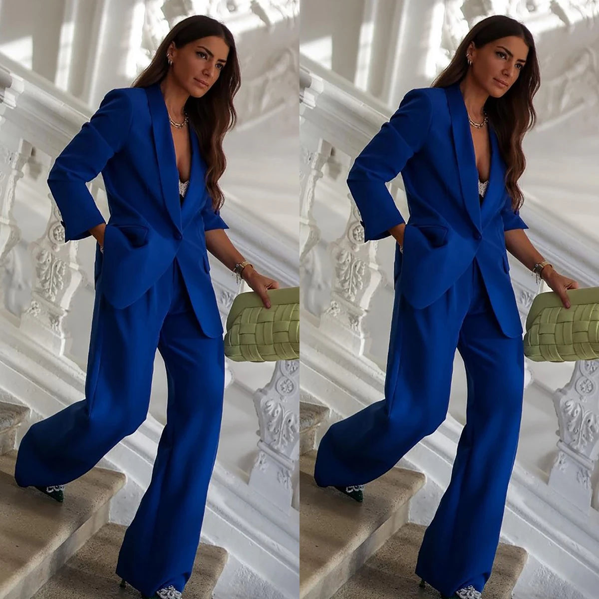 Costume de soirée 2 pièces à un bouton, veste à col en V profond, blazer simple et décontracté, pantalon à la mode formel + pantalon à jambes larges
