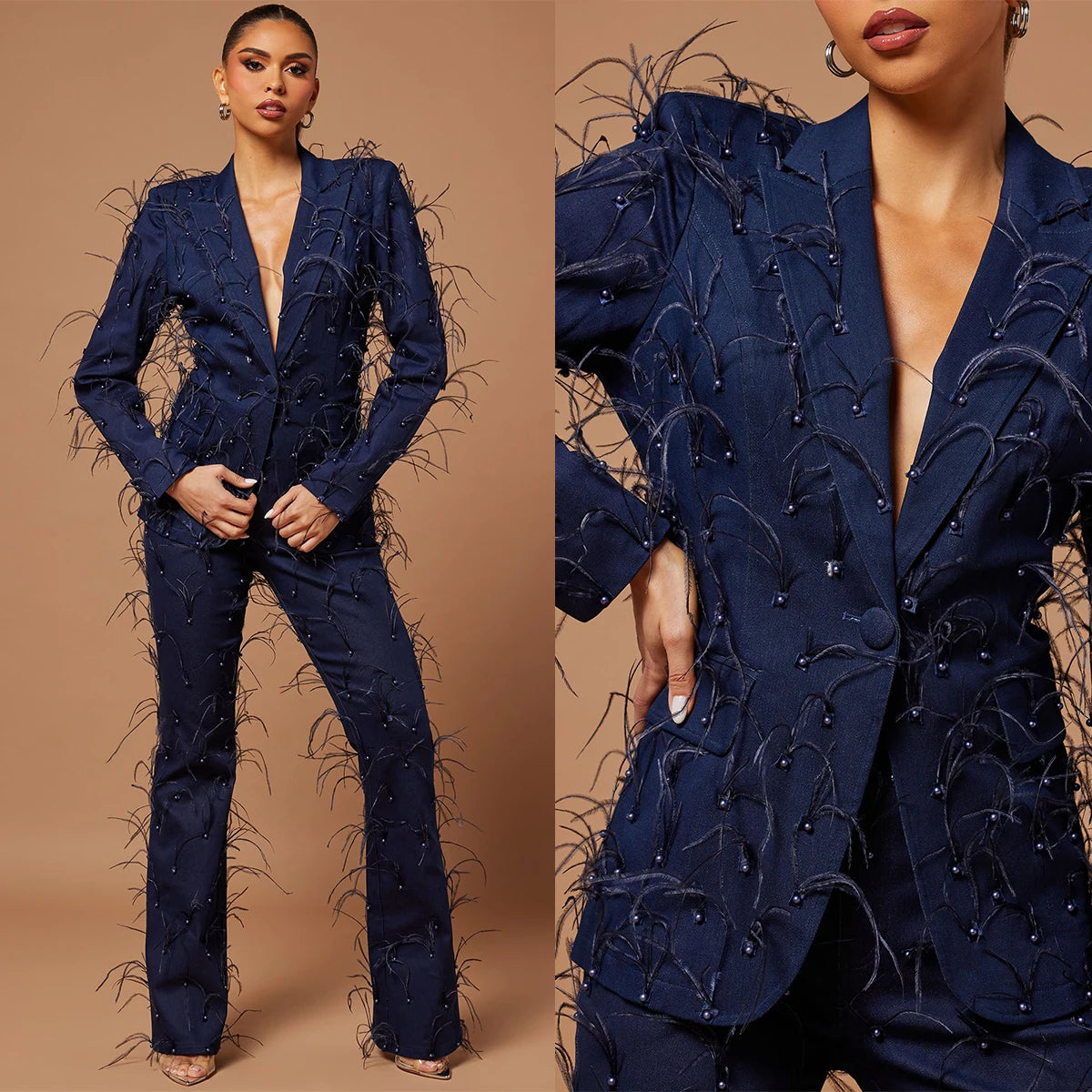 Conjunto elegante de blazer con plumas y pantalón ancho para mujer: look vintage elegante para fiestas de moda y ocasiones especiales.