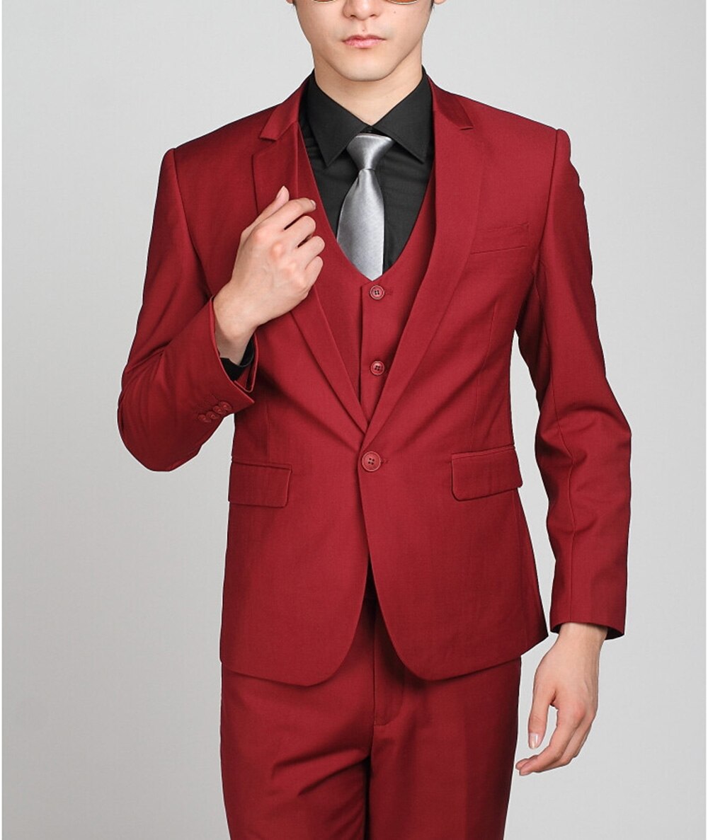 One Button Blue Red Suits 3 Pieces(Jacket+Pants+Vest+Tie)Slim Fit Tuxedos Wedding Clothing Party Wear Blazer Trousers Men's Sets
