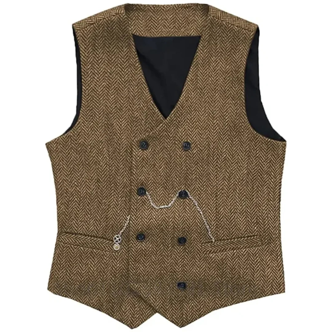 One Piece V Neck Men's Suit Vests Herringbone Wool Tweed Double Breasted Waistcoat Tuxedo Groomsmen For Wedding Groom Vest