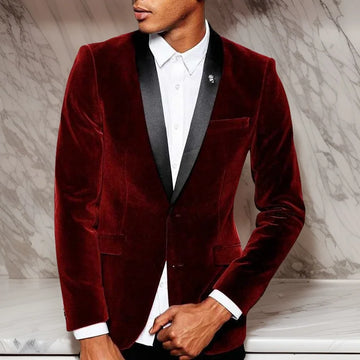 Men's Velvet Blazer with Satin Lapel one-button Slim Fit Wine Red Tuxedo Jacket