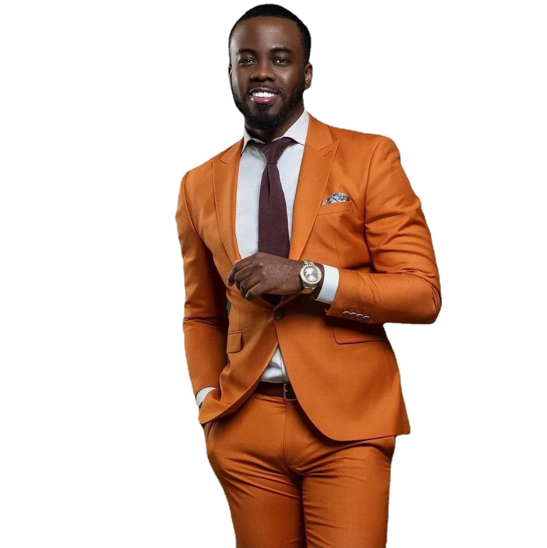 Orange Peak Lapel One Button Men Suits Wedding Slim Fit Groom Tuxedo Prom Blazer 2 Pc Jacket Pant