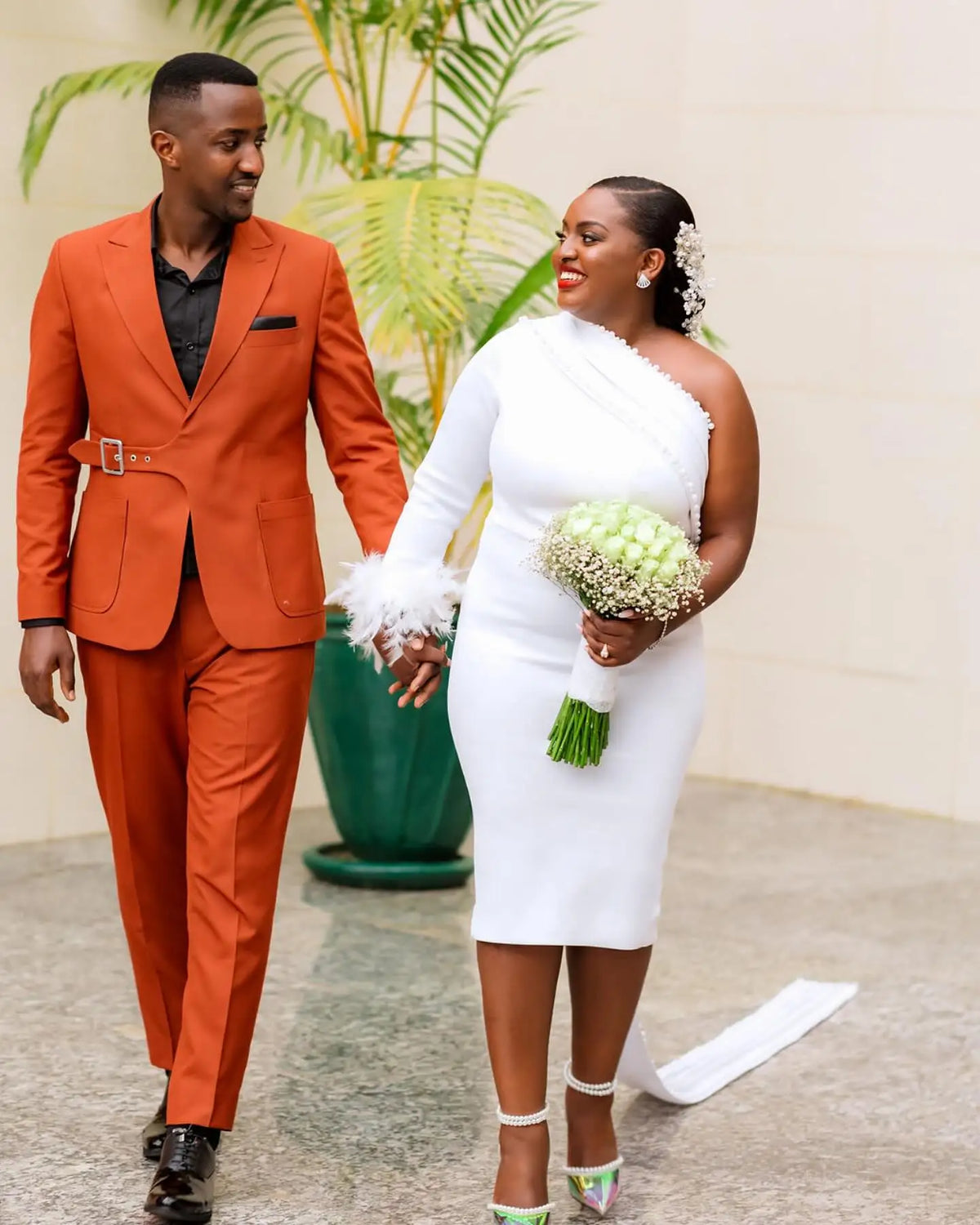 Costume orange pour homme avec ceinture à boucle, blazer, ensemble smoking de fête, veste et pantalon à revers pointu, tenue de mariage