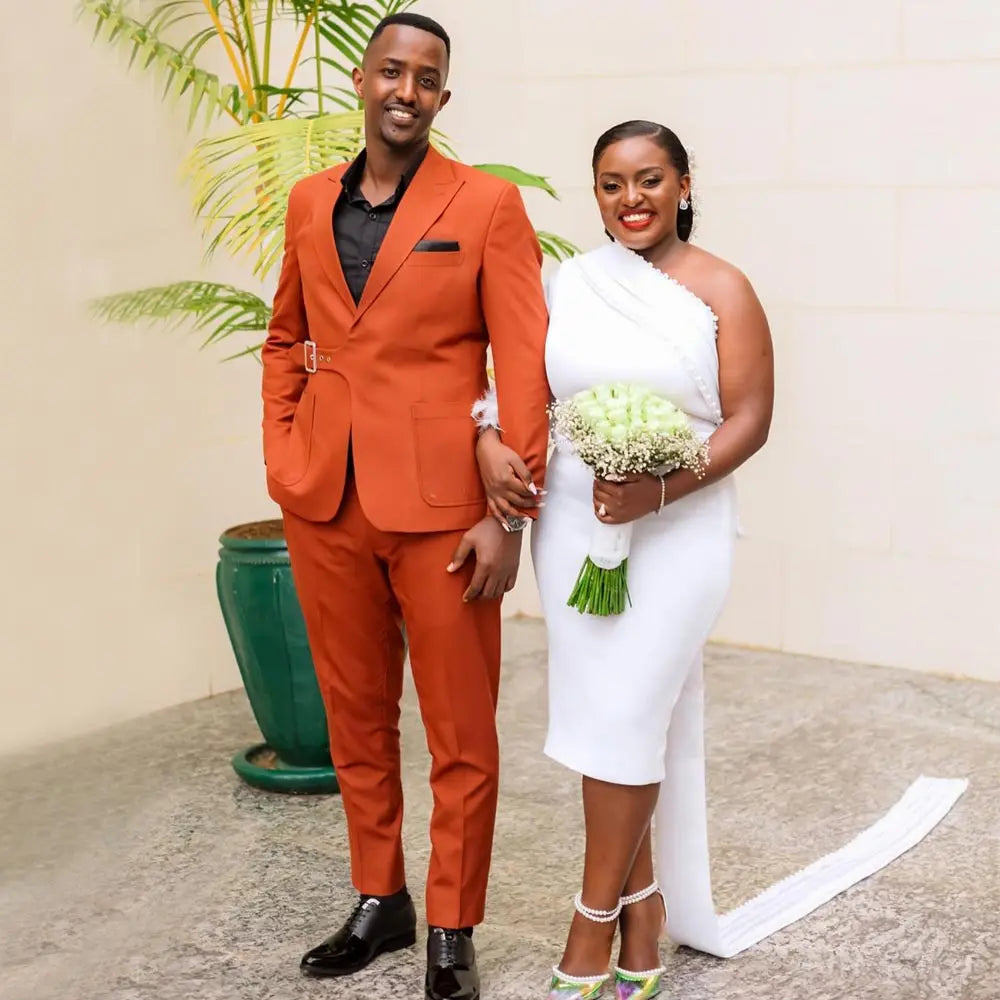 Costume orange pour homme avec ceinture à boucle, blazer, ensemble smoking de fête, veste et pantalon à revers pointu, tenue de mariage