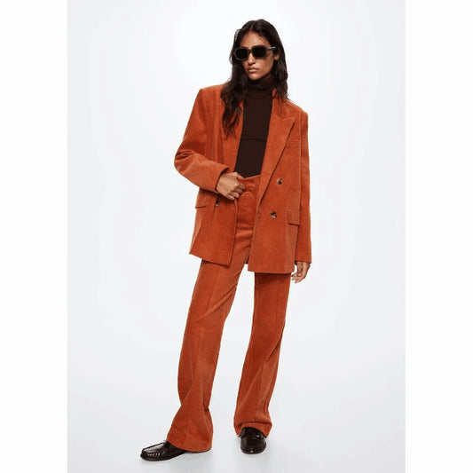 Orange Suede Double Breasted Women Pants Set New Female Two Pieces(Blazer+Trousers)