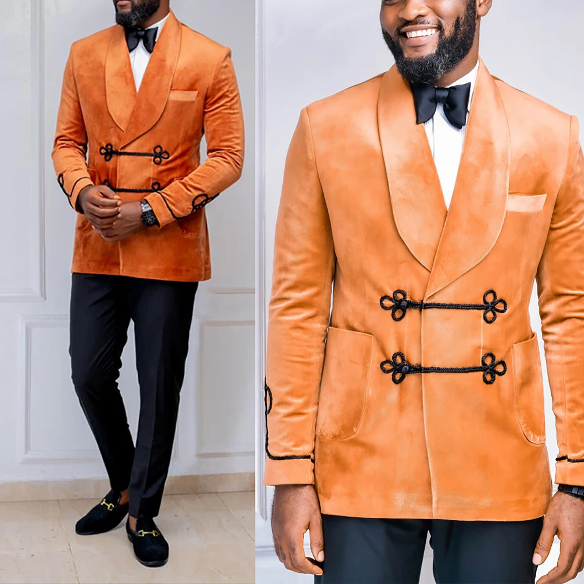Traje de terciopelo naranja para hombre, a medida, 2 piezas, blazer, pantalón, nudo chino, solapa ancha, para boda, novio, negocios, informal, para graduación.