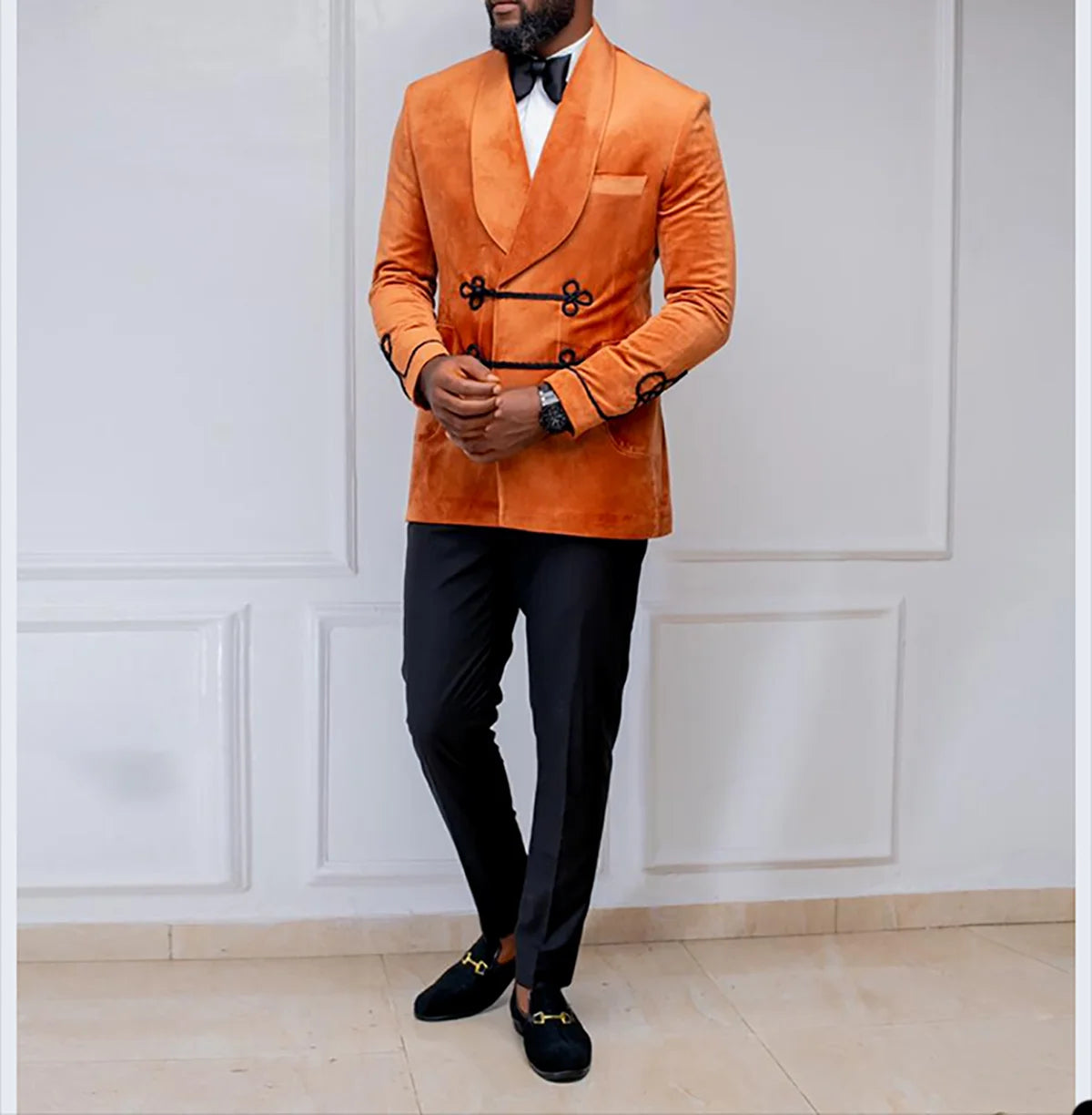 Traje de terciopelo naranja para hombre, a medida, 2 piezas, blazer, pantalón, nudo chino, solapa ancha, para boda, novio, negocios, informal, para graduación.