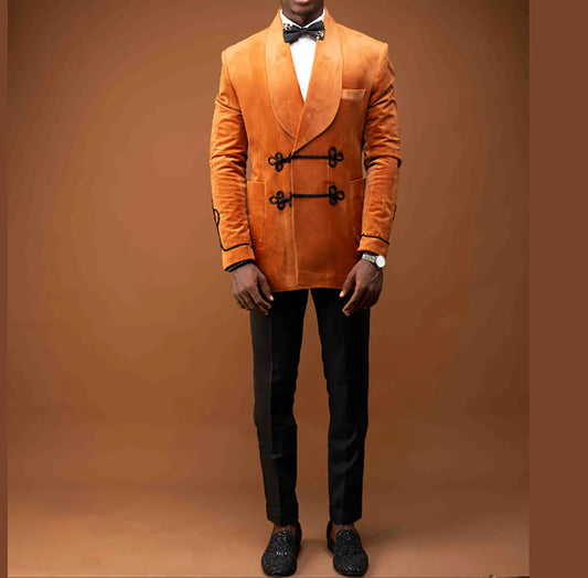 Traje de terciopelo naranja para hombre, a medida, 2 piezas, blazer, pantalón, nudo chino, solapa ancha, para boda, novio, negocios, informal, para graduación.