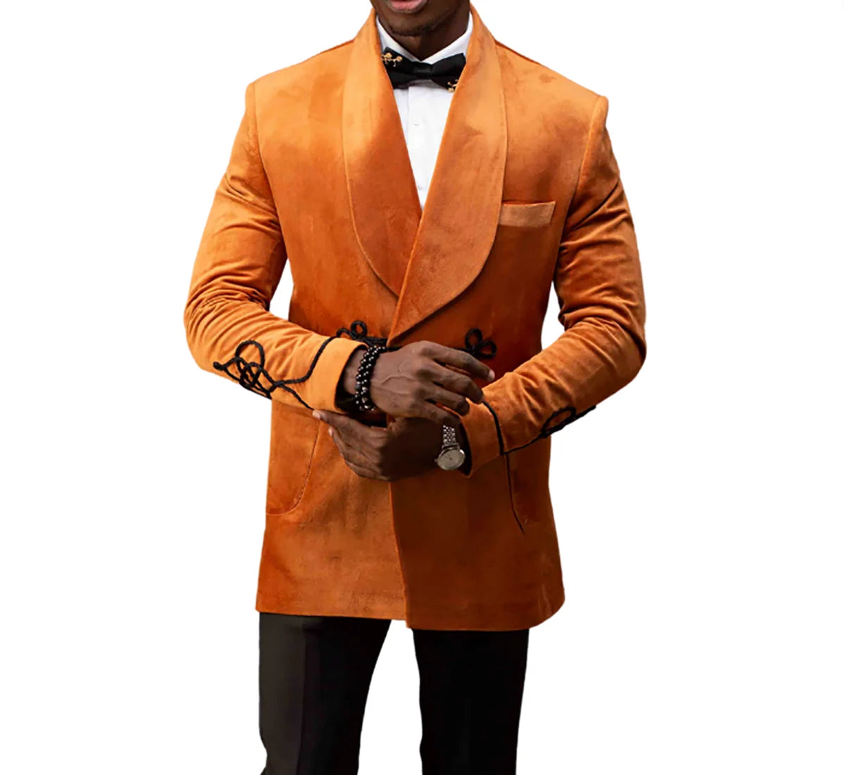 Traje de terciopelo naranja para hombre, a medida, 2 piezas, blazer, pantalón, nudo chino, solapa ancha, para boda, novio, negocios, informal, para graduación.