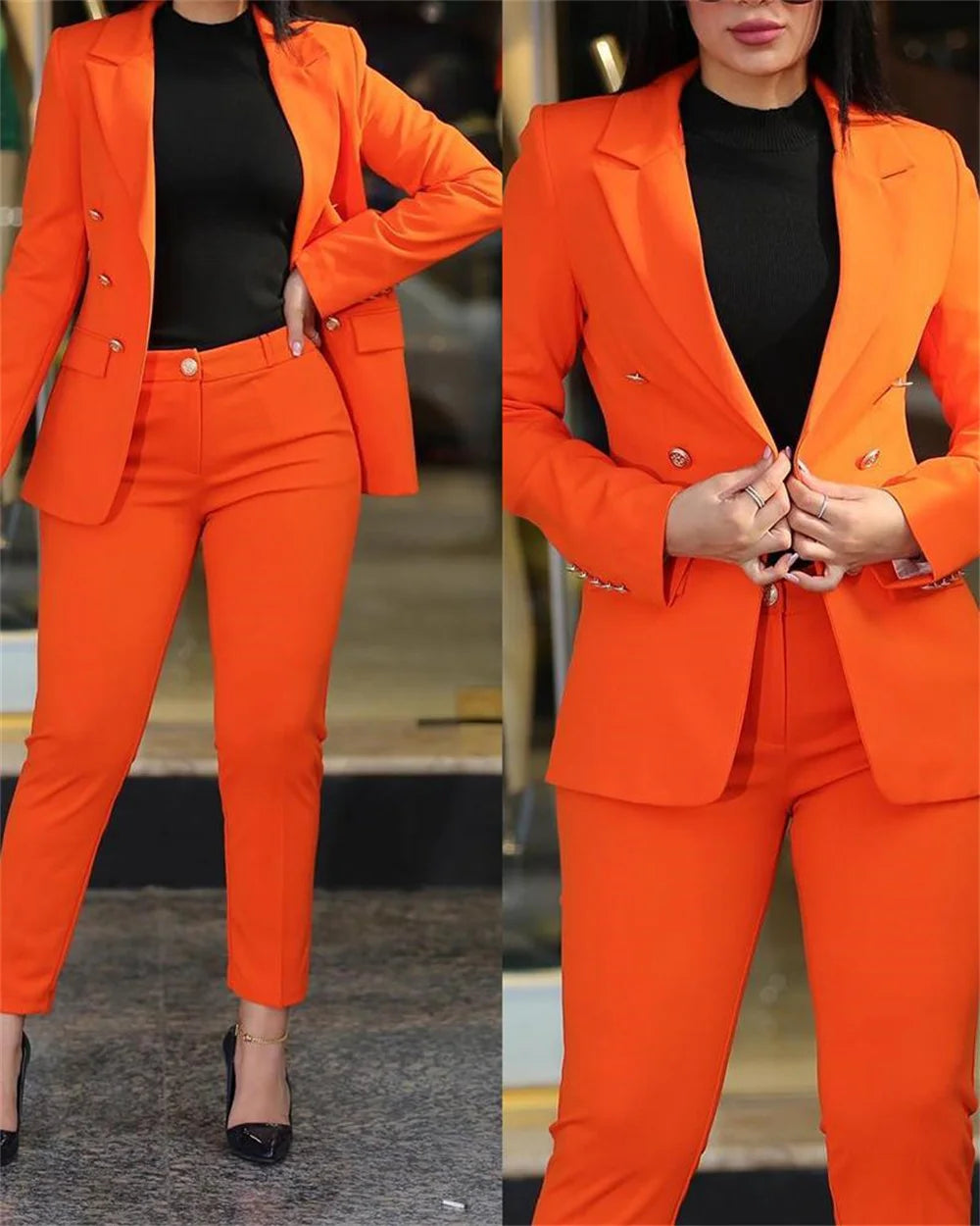 Orange Woman's  2 Piece Set  New in Casual Business Double Breasted Blazers Jacket Pants Elegant Ladies Formal Pant Sets