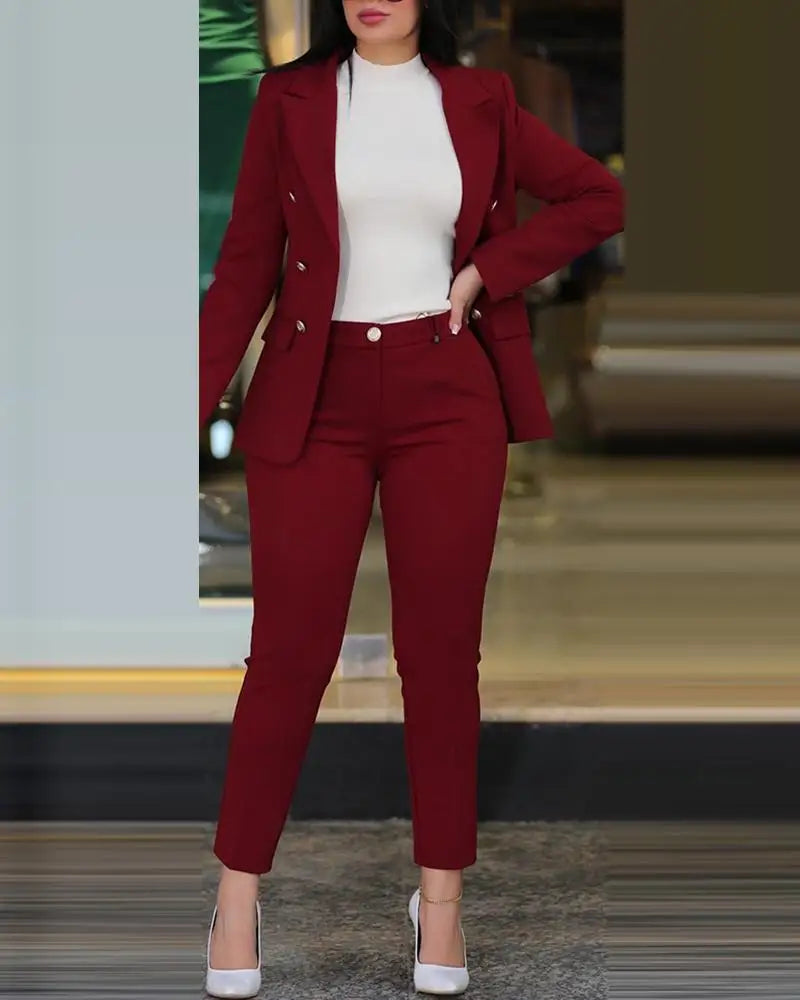 Ensemble 2 pièces orange pour femme, nouveauté, décontracté, affaires, blazer croisé, veste, pantalon, élégant, formel, pour dames 