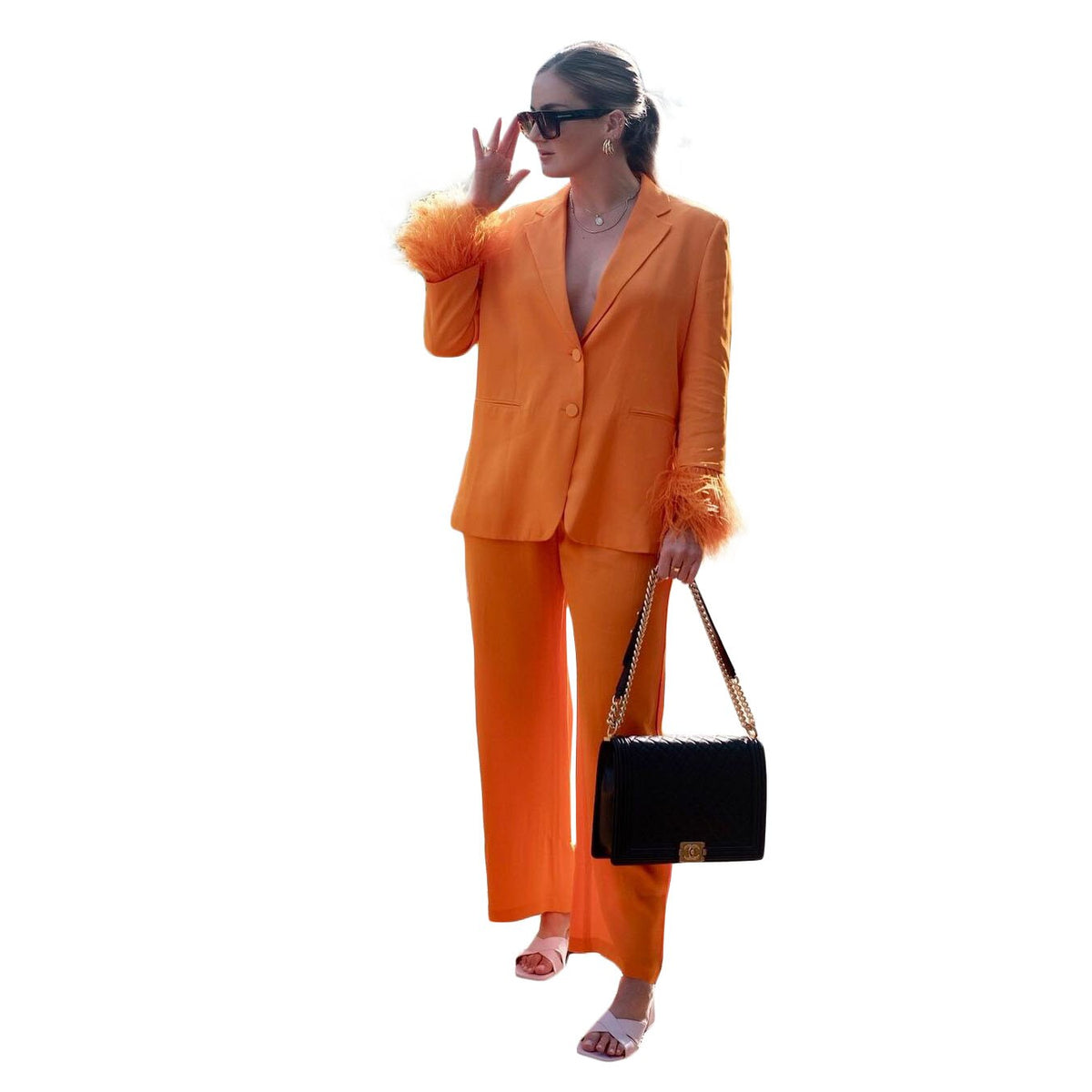 Conjunto de 2 piezas de trajes para madre de la novia con plumas de avestruz, color naranja, sexy, holgado y con pantalones 