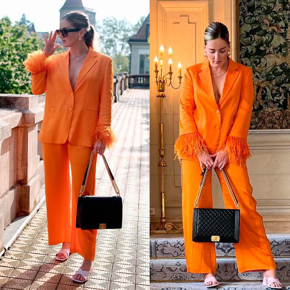 Ostrich Feather Leisure Mother of the Bride Suits Orange Women Sexy Loose Wear Trousers Set 2 Pieces