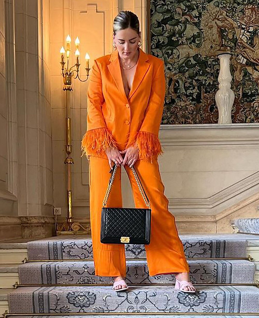 Conjunto de 2 piezas de trajes para madre de la novia con plumas de avestruz, color naranja, sexy, holgado y con pantalones 