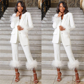 Ostrich Feather Women Suits Blazer+Pants One Button Peaked Lapel Solid Color Formal Evening Prom Dress Custom Made Suits Set