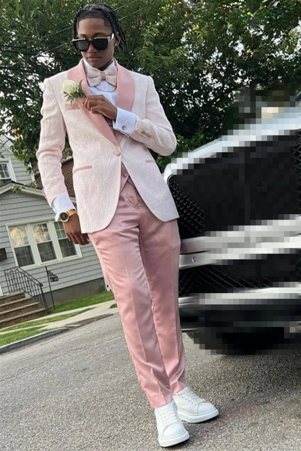 Pale Pink Jaquard Suits for Men 3 Pieces One Button Blazer Tuxedos Suit Set Prom Party Homecoming Student Clothes Coat+Vest+Pant