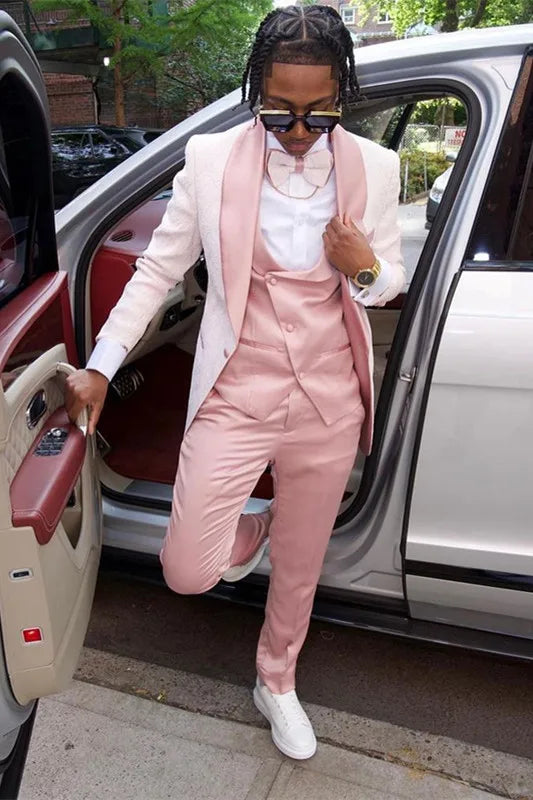 Costume 3 pièces rose pâle en jacquard pour homme, blazer à un bouton, smoking, ensemble de costume pour bal de promo, soirée, retour à la maison, vêtements pour étudiants, manteau, gilet et pantalon 