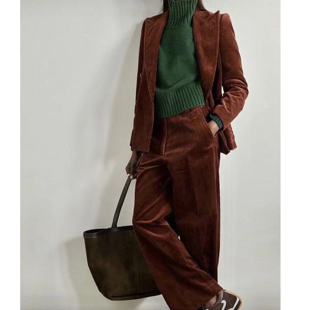 Ensembles pantalons pour femmes 2 pièces costume en velours côtelé pour femmes deux pièces coupe ajustée revers à la mode pantalon de travail d'affaires à simple boutonnage