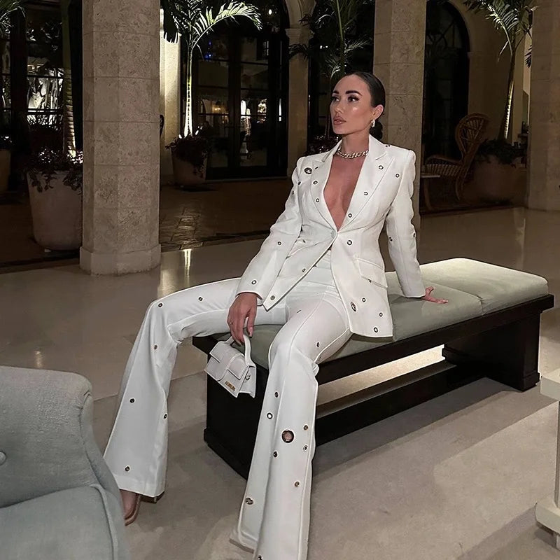 Stylish Women's Blue Two-Piece Pantsuit Set with Eyelet Details and Single Button Blazer, Perfect for Weddings and Formal Events