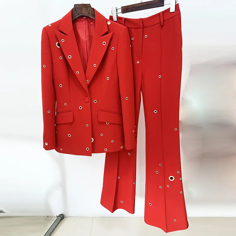 Stylish Women's Blue Two-Piece Pantsuit Set with Eyelet Details and Single Button Blazer, Perfect for Weddings and Formal Events