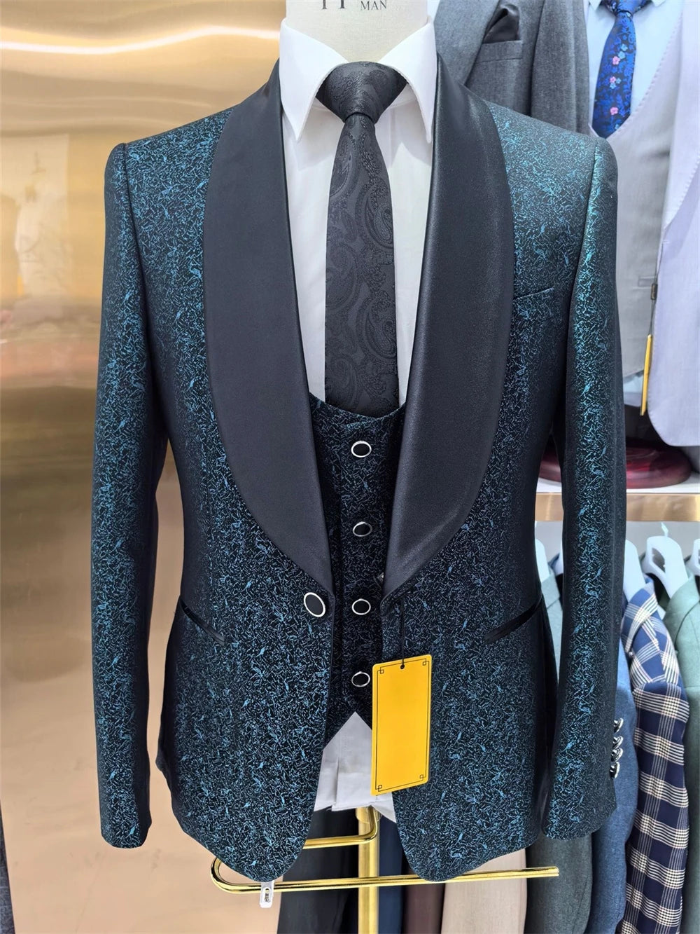 Ensemble de costume formel pour homme coupe slim Peacock, 3 pièces comprenant un blazer à un bouton, un gilet et un pantalon noir assortis, un smoking à col châle