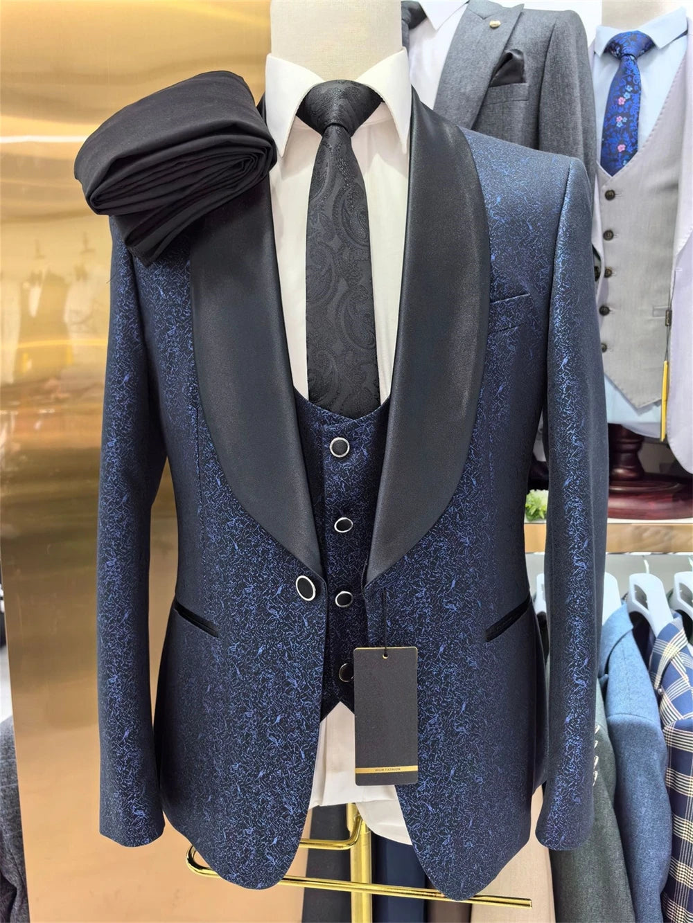 Ensemble de costume formel pour homme coupe slim Peacock, 3 pièces comprenant un blazer à un bouton, un gilet et un pantalon noir assortis, un smoking à col châle