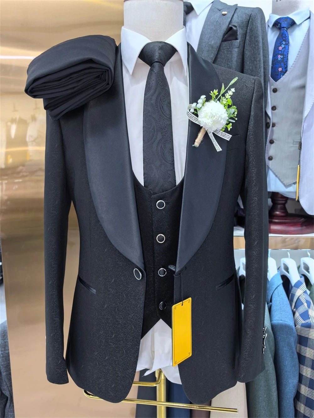 Ensemble de costume formel pour homme coupe slim Peacock, 3 pièces comprenant un blazer à un bouton, un gilet et un pantalon noir assortis, un smoking à col châle