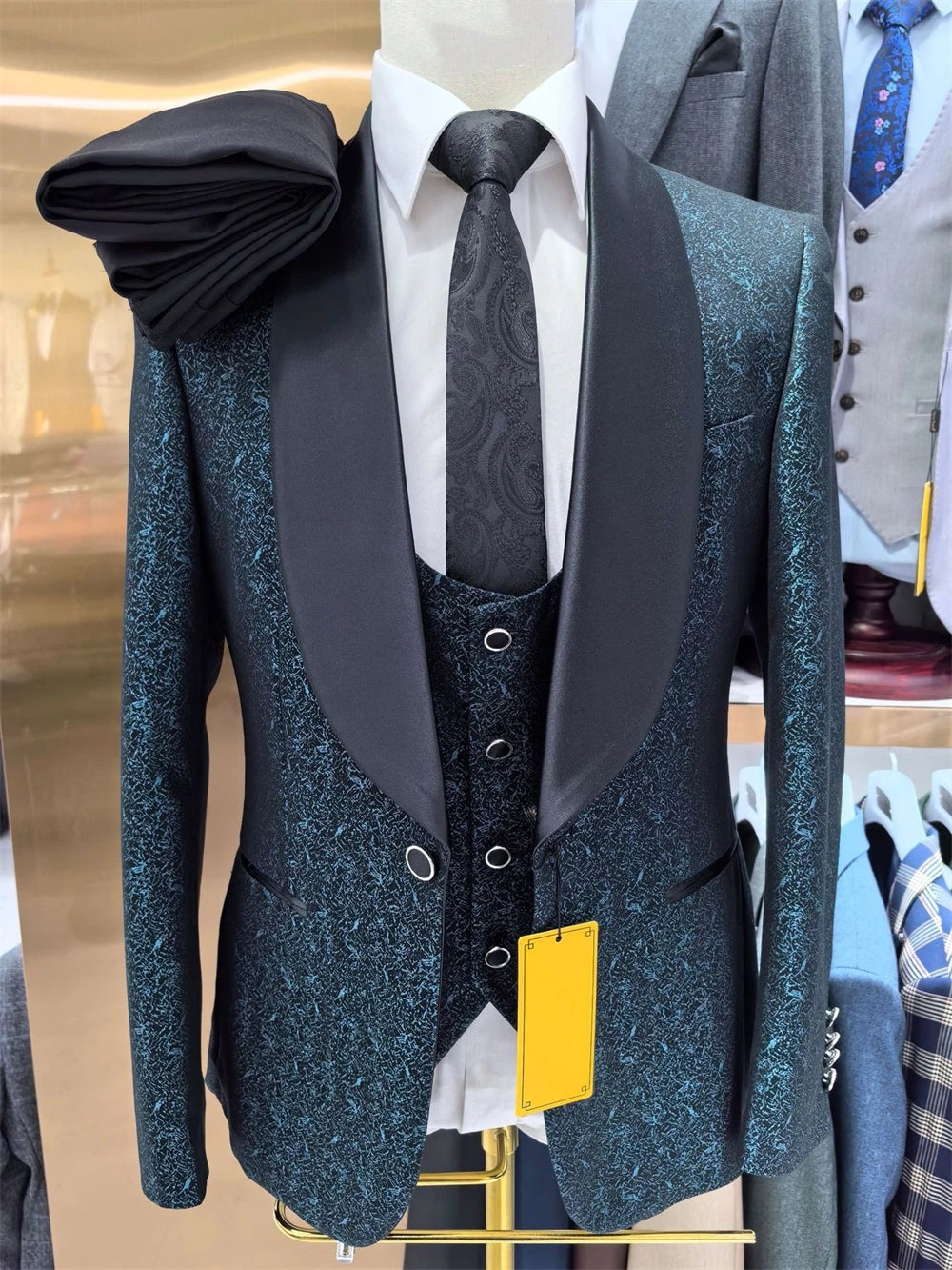 Ensemble de costume formel pour homme coupe slim Peacock, 3 pièces comprenant un blazer à un bouton, un gilet et un pantalon noir assortis, un smoking à col châle